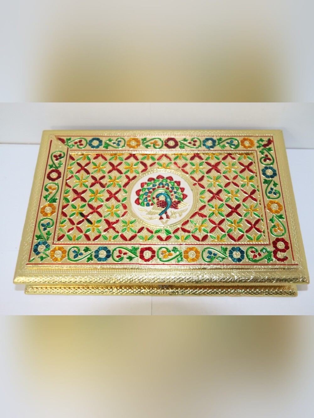 Hand-Painted Gold Decorative Jewelry Box with Peacock Motif 12"×8"×2"